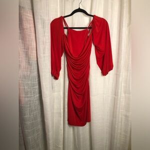 VENUS Red Draped Puff Long Sleeve Dress Small NWOT